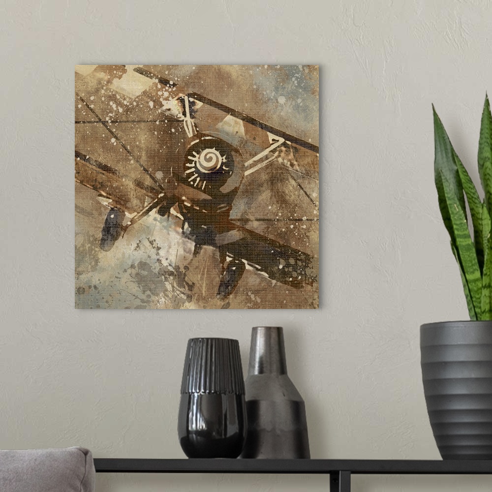 A modern room featuring Contemporary artwork of an airplane with an overall grungy and distressed look to it.