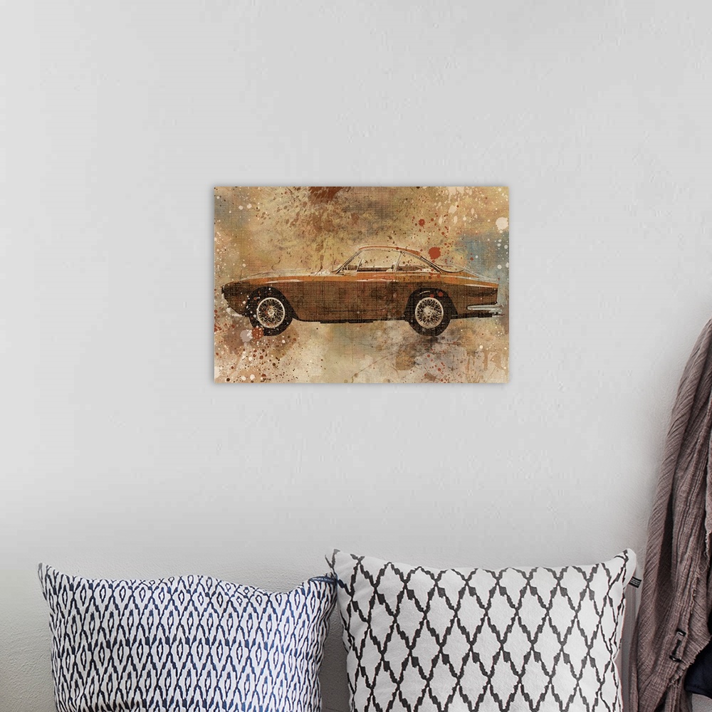 A bohemian room featuring Contemporary artwork of a sports car with an overall grungy and distressed look to it.