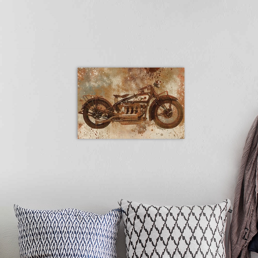 A bohemian room featuring Contemporary artwork of a motorcycle with an overall grungy and distressed look to it.