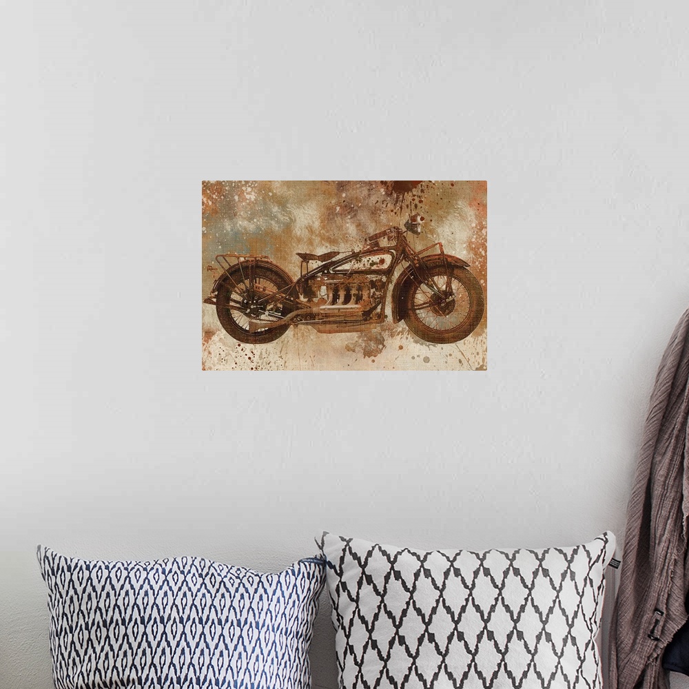 A bohemian room featuring Contemporary artwork of a motorcycle with an overall grungy and distressed look to it.