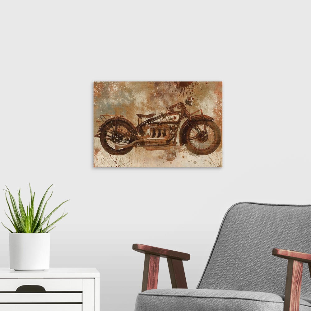A modern room featuring Contemporary artwork of a motorcycle with an overall grungy and distressed look to it.