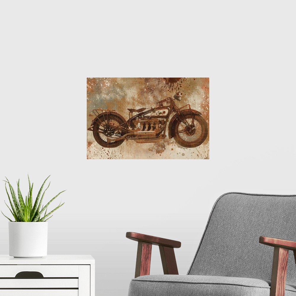A modern room featuring Contemporary artwork of a motorcycle with an overall grungy and distressed look to it.