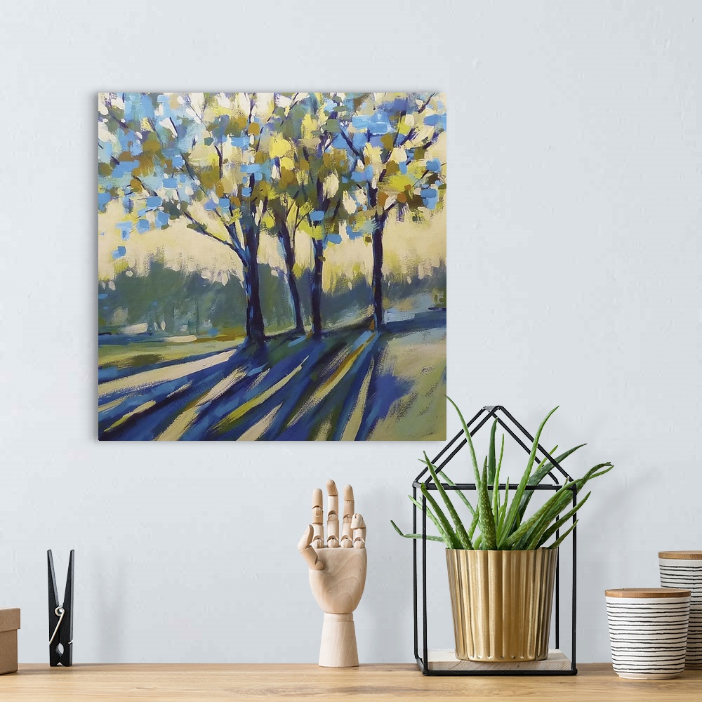 A bohemian room featuring Contemporary home decor artwork of a a grove of trees bathed in sunlight and casting shadows in t...