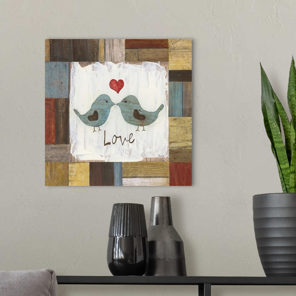 A modern room featuring A decorative painting that has the word ?Love? and two blue birds kissing, painted on a multi-col...