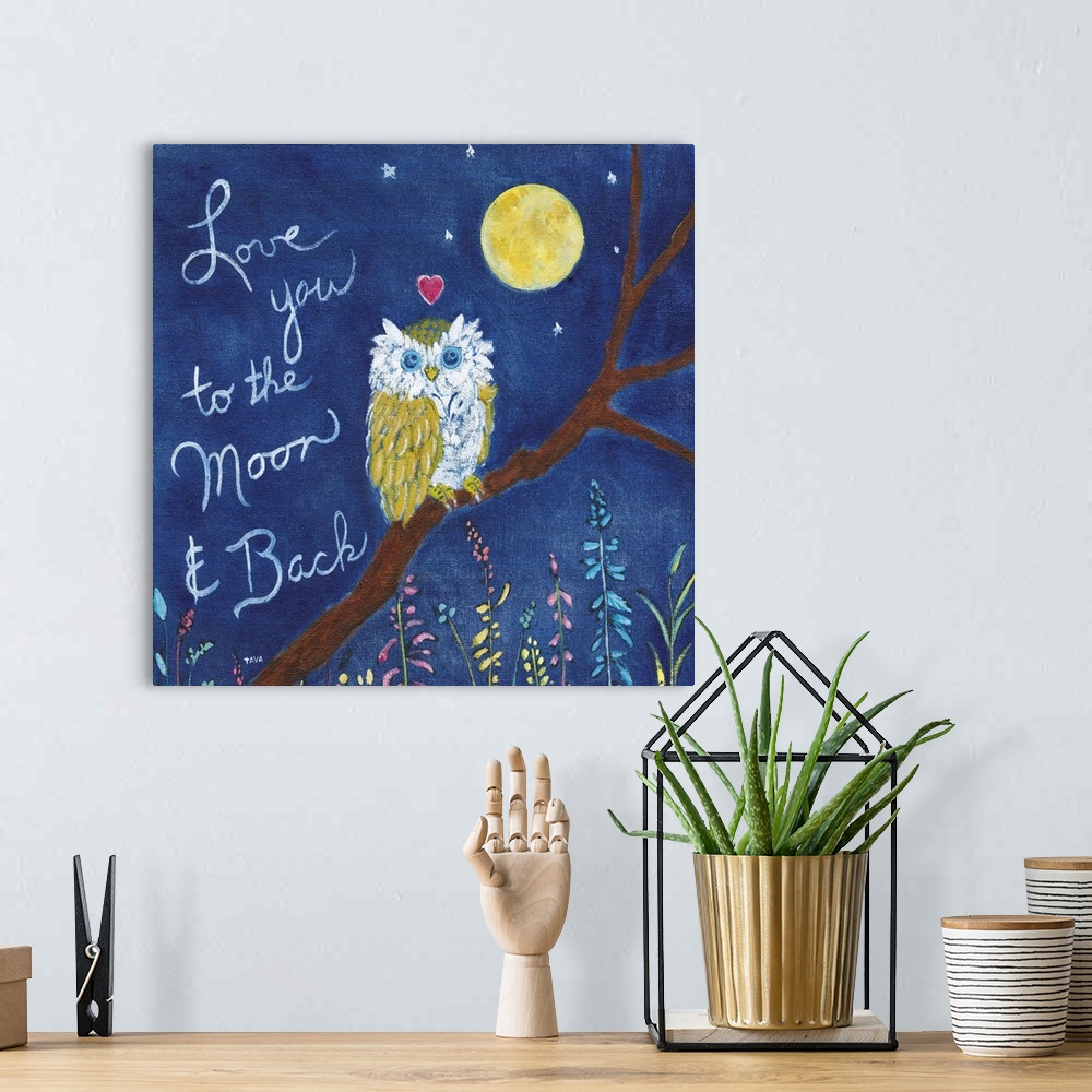 A bohemian room featuring A painting of an owl perched on a branch with a moon in the background near the words "Love you t...