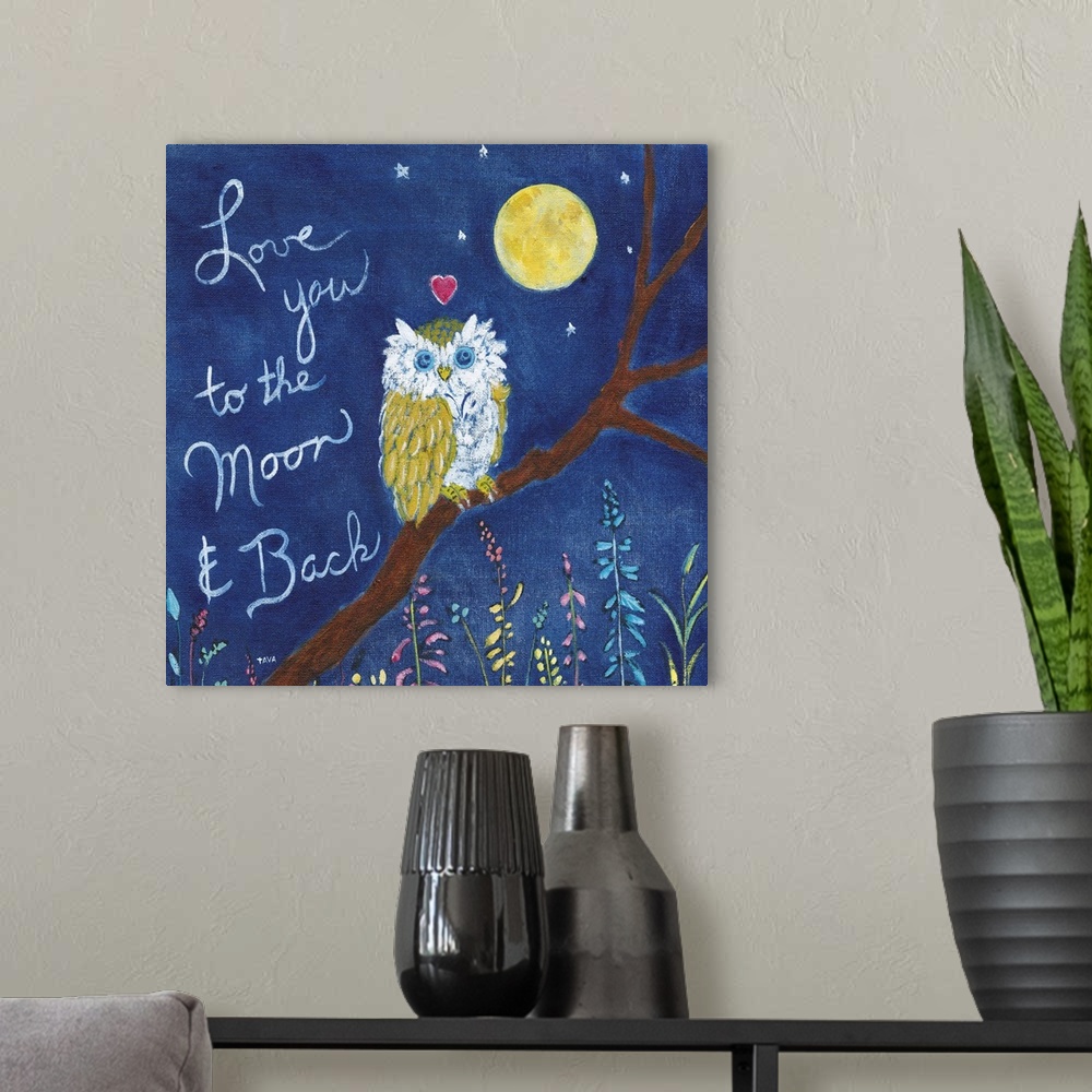 A modern room featuring A painting of an owl perched on a branch with a moon in the background near the words "Love you t...