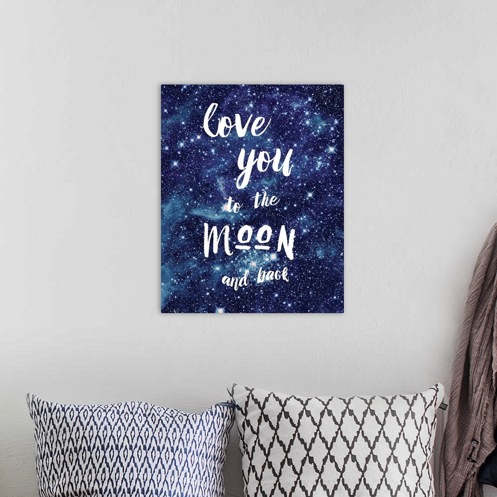 A bohemian room featuring Vertical decorative design of stars with the text "Love You To The Moon and Back" in white.