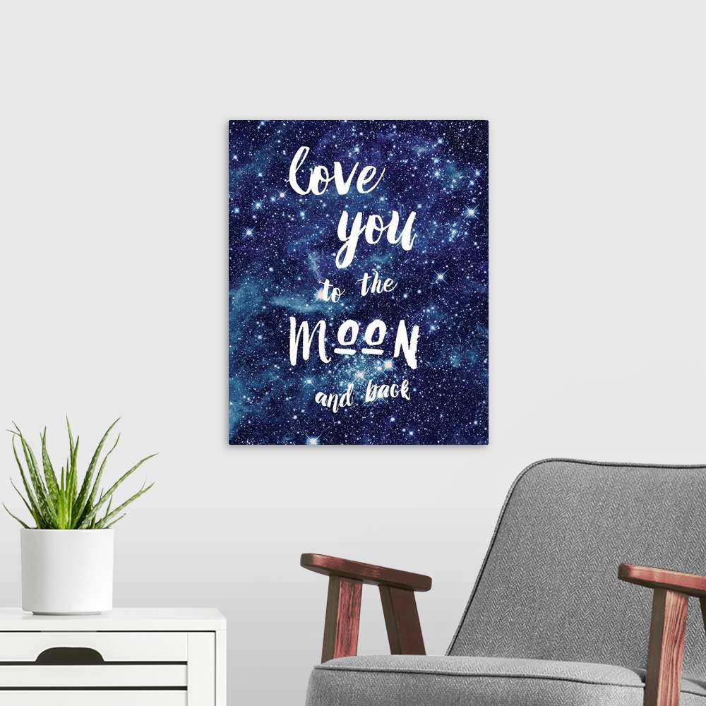 A modern room featuring Vertical decorative design of stars with the text "Love You To The Moon and Back" in white.