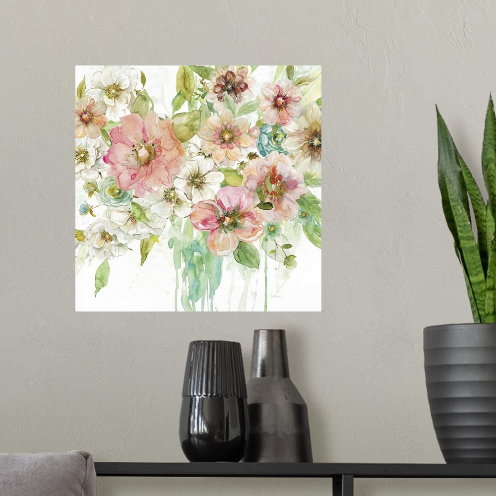 A modern room featuring Contemporary painting of white and pink flowers in a vase with green leaves.