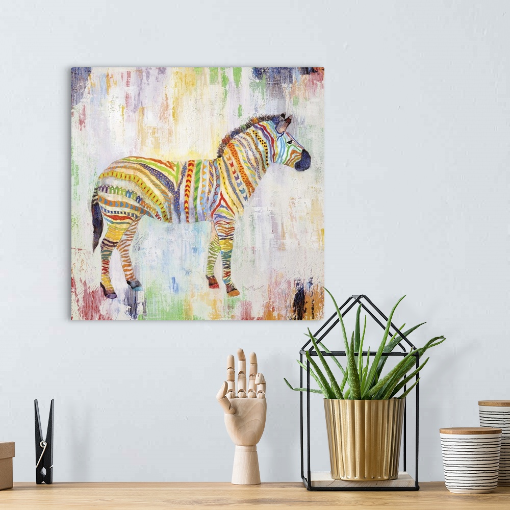 A bohemian room featuring A painting of a zebra with multi-colored and uniquely designed stripes.