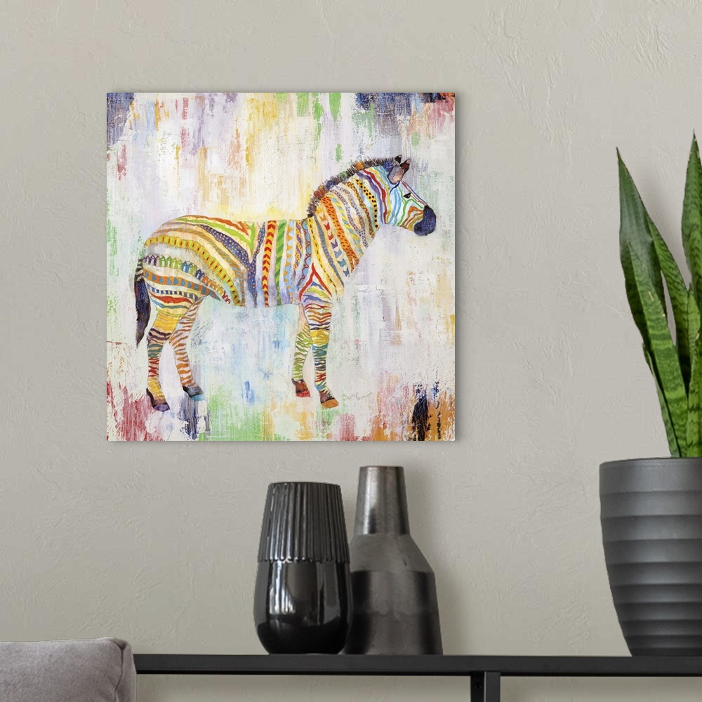 A modern room featuring A painting of a zebra with multi-colored and uniquely designed stripes.