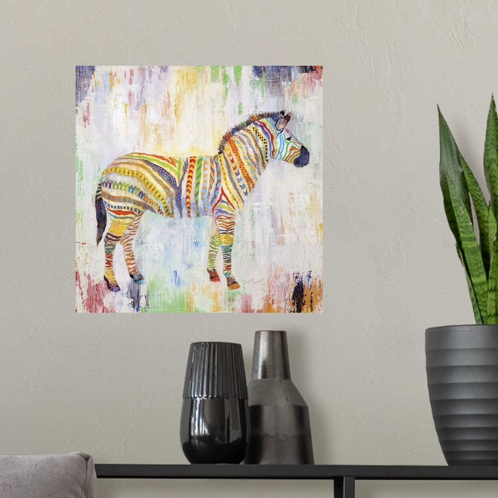 A modern room featuring A painting of a zebra with multi-colored and uniquely designed stripes.