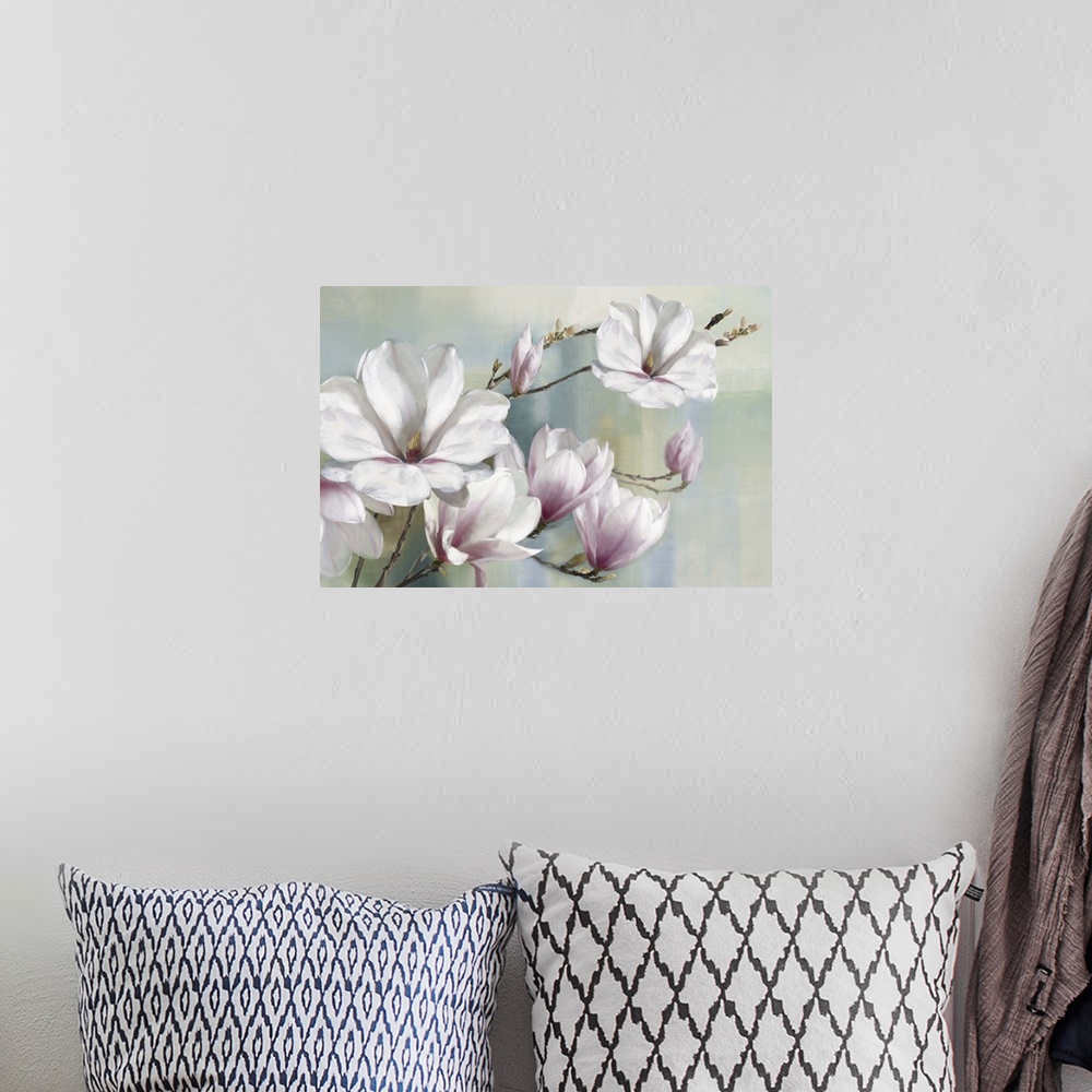 A bohemian room featuring A contemporary painting of magnolia flowers with blue, green, and pink hues.