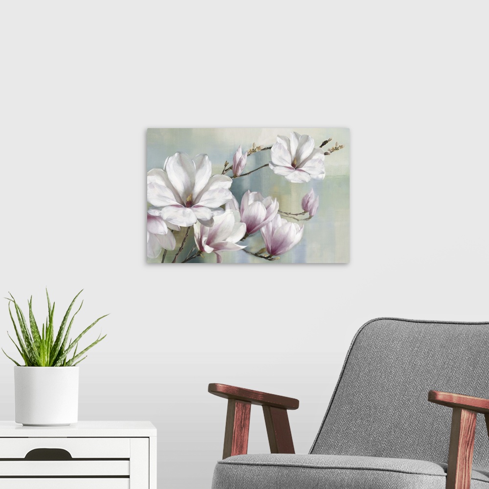 A modern room featuring A contemporary painting of magnolia flowers with blue, green, and pink hues.