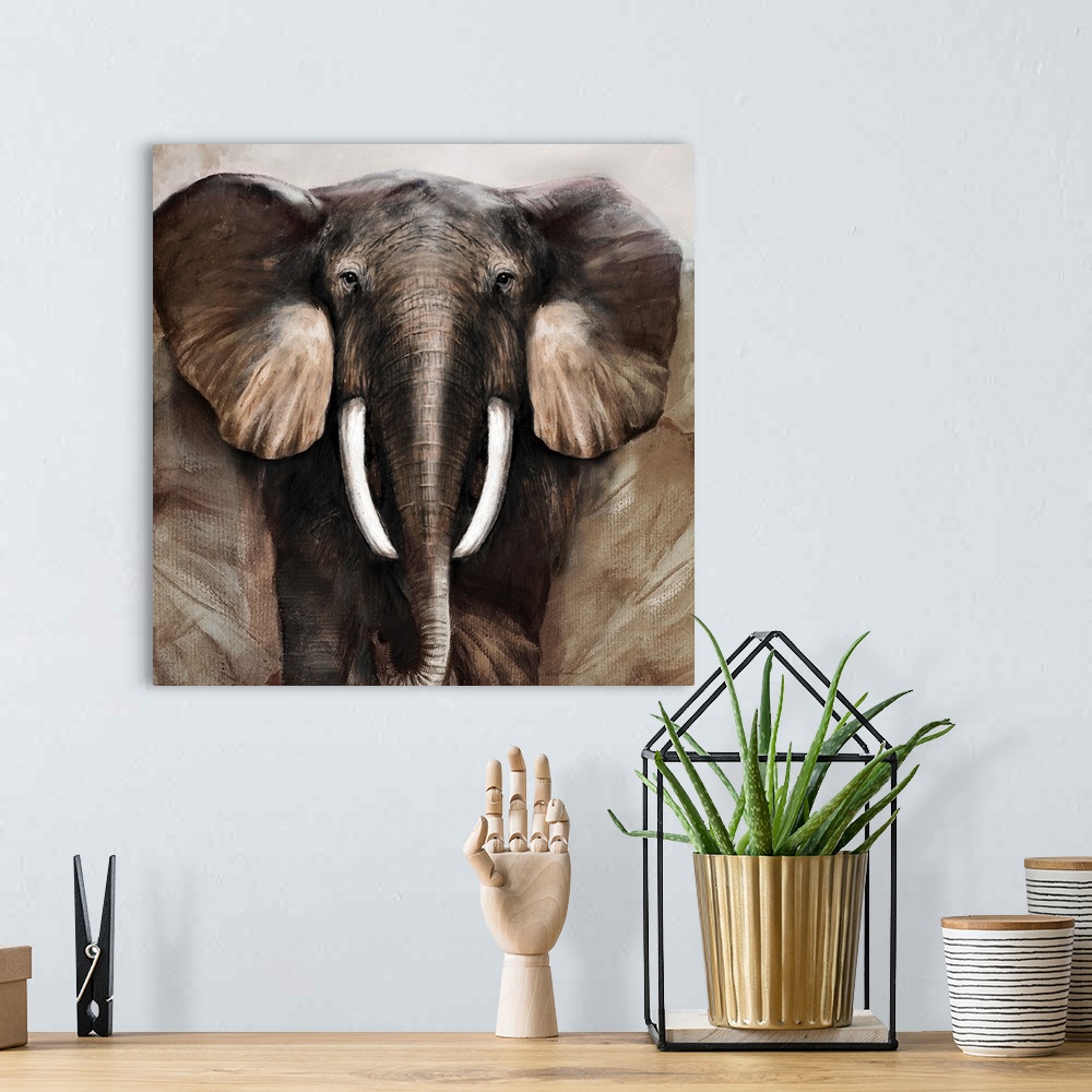 A bohemian room featuring Contemporary painting of an elephant on a square canvas.