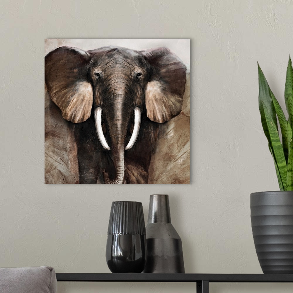 A modern room featuring Contemporary painting of an elephant on a square canvas.