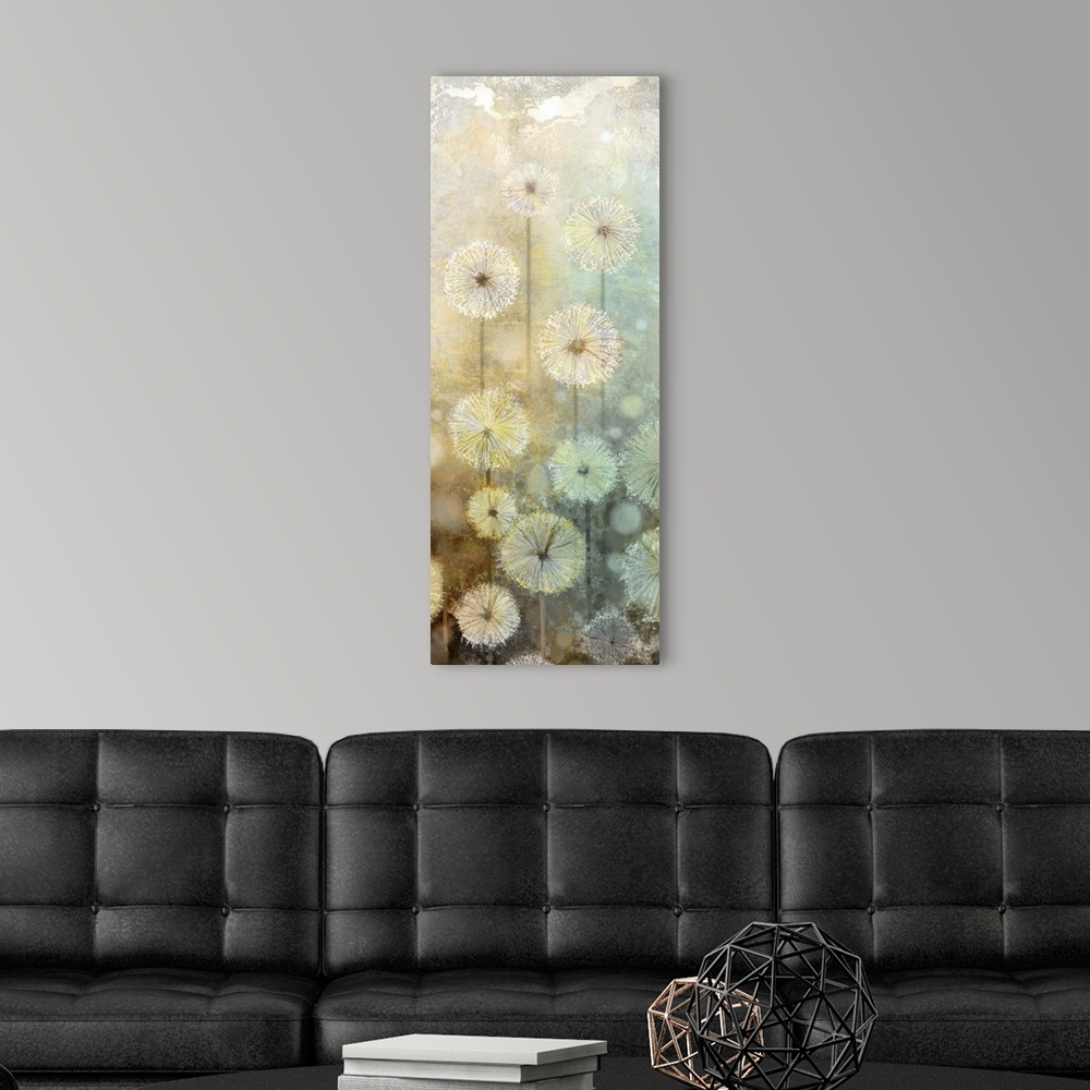 A modern room featuring Tall panel art with abstract dandelions made with blue, green, yellow and white hues.