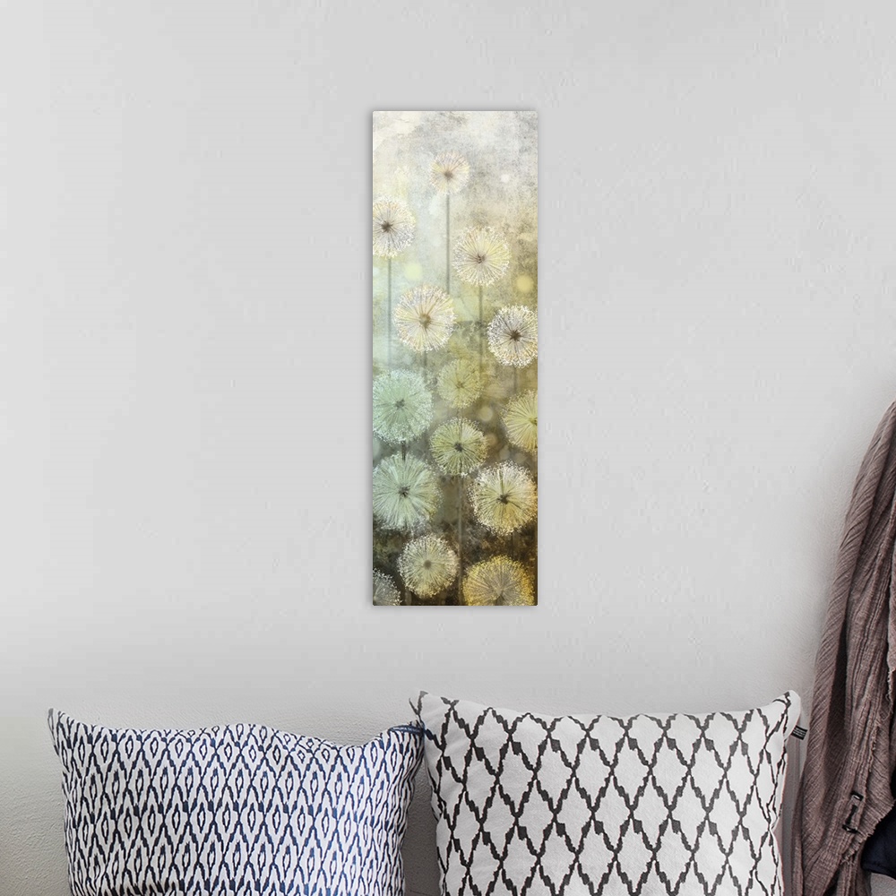 A bohemian room featuring Tall panel art with abstract dandelions made with blue, green, yellow and white hues.