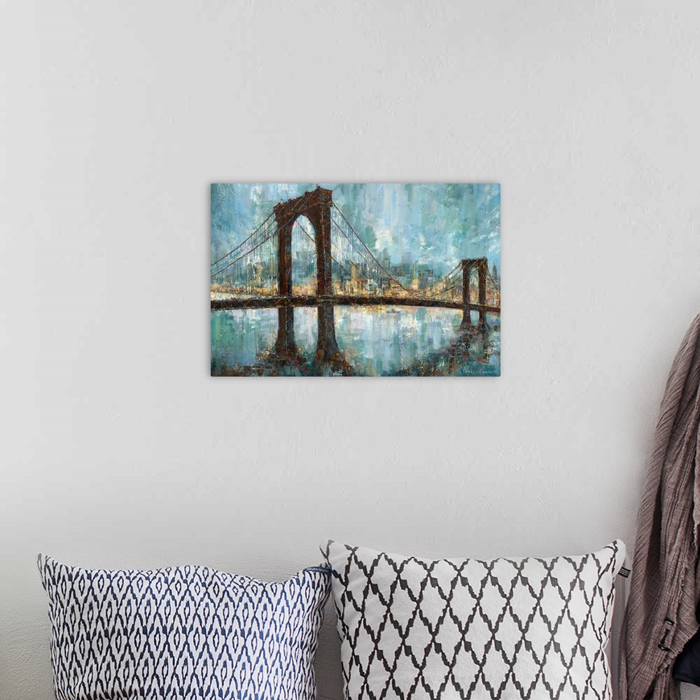 A bohemian room featuring Contemporary artwork of the Brooklyn bridge with the skyline painted through and behind it.