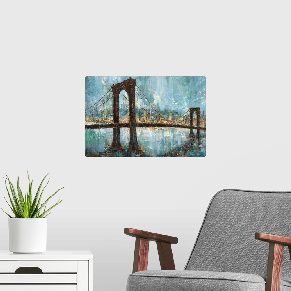 A modern room featuring Contemporary artwork of the Brooklyn bridge with the skyline painted through and behind it.