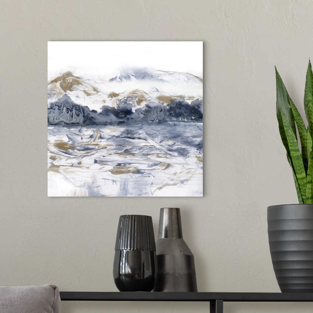 A modern room featuring Abstract landscape with marbling indigo, gold, and white hues on a square background.