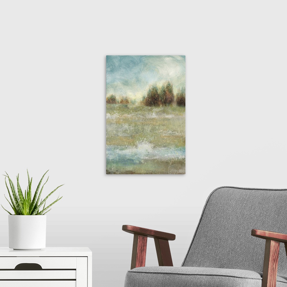A modern room featuring Vertical abstract landscape painting of a meadow with trees lining the horizon.