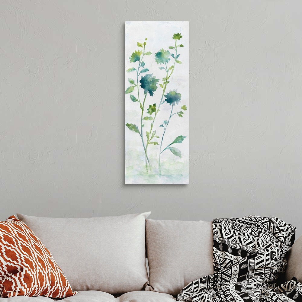 A bohemian room featuring Large watercolor abstract painting of flowers in shades of blue and green.