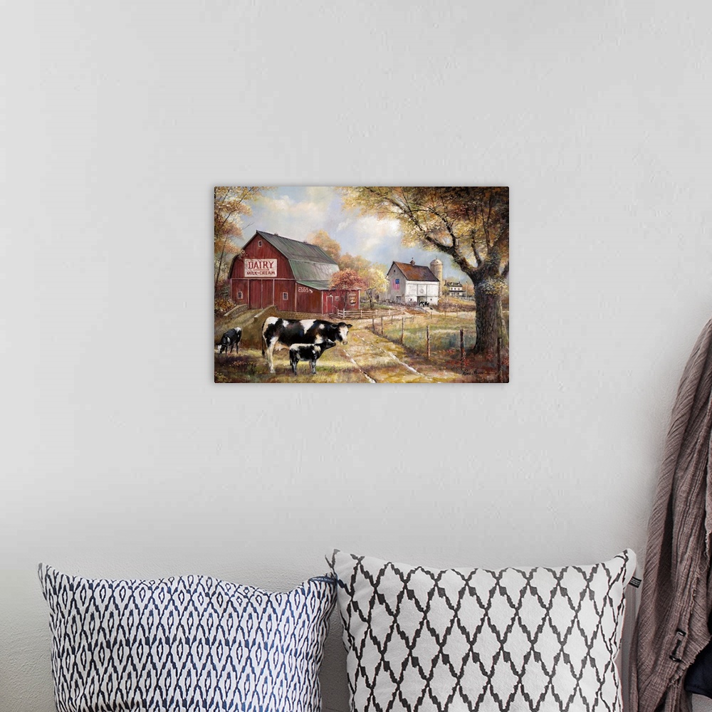 A bohemian room featuring Contemporary painting of a dairy farm with a big red barn and three cows out front on an Autumn day.