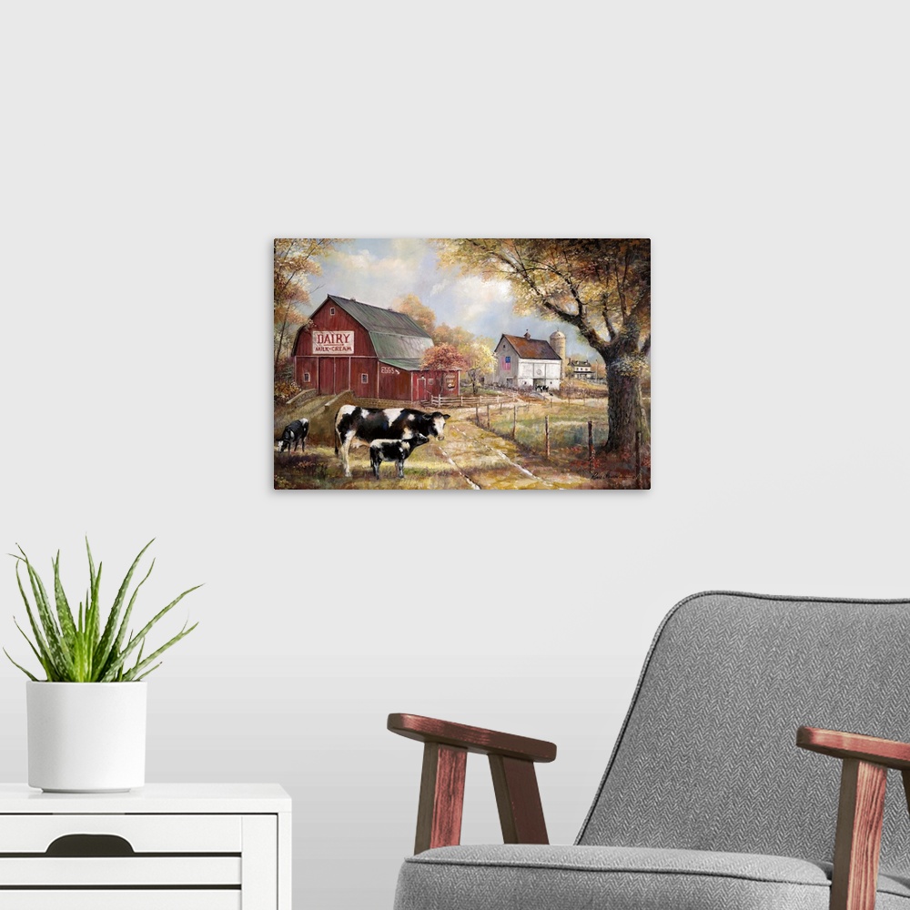 A modern room featuring Contemporary painting of a dairy farm with a big red barn and three cows out front on an Autumn day.