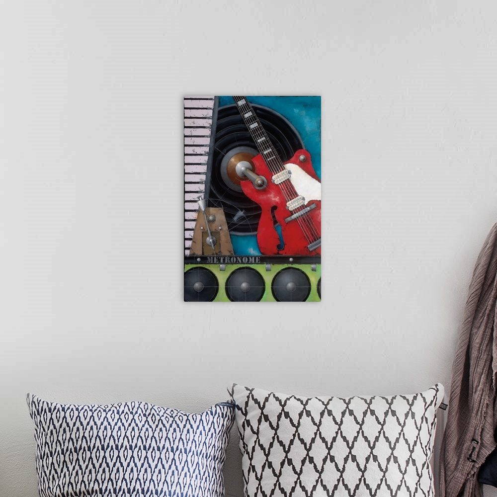 A bohemian room featuring A montage painting of various musical equipment.