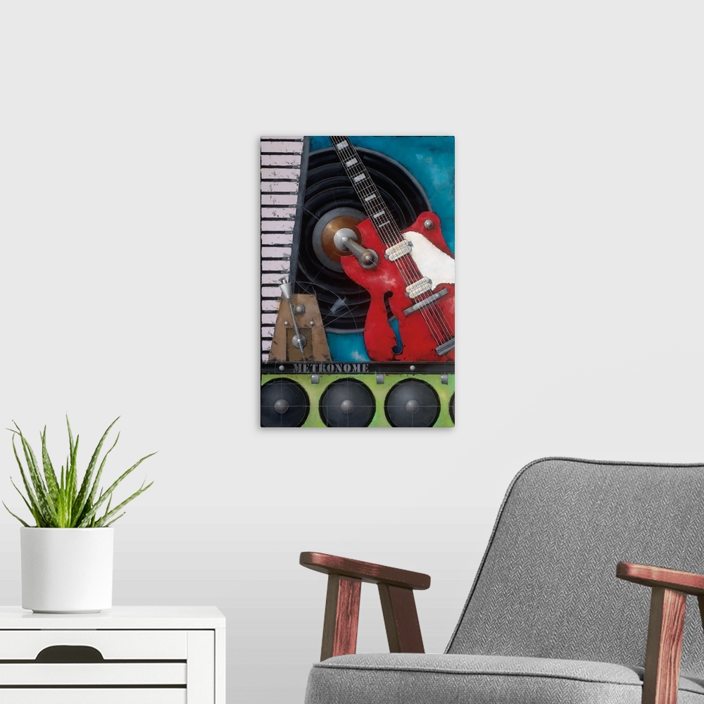 A modern room featuring A montage painting of various musical equipment.