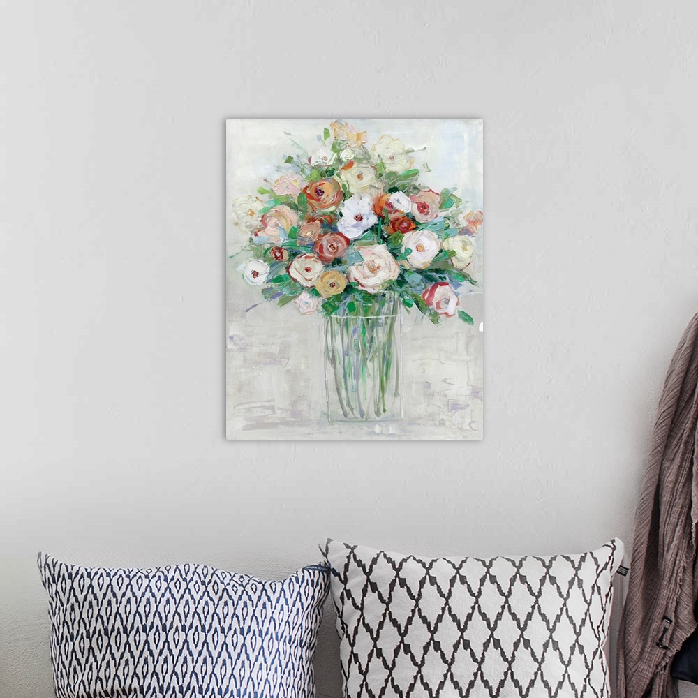 A bohemian room featuring Contemporary painting of a large floral arrangement in a glass vase on a gray textured background.