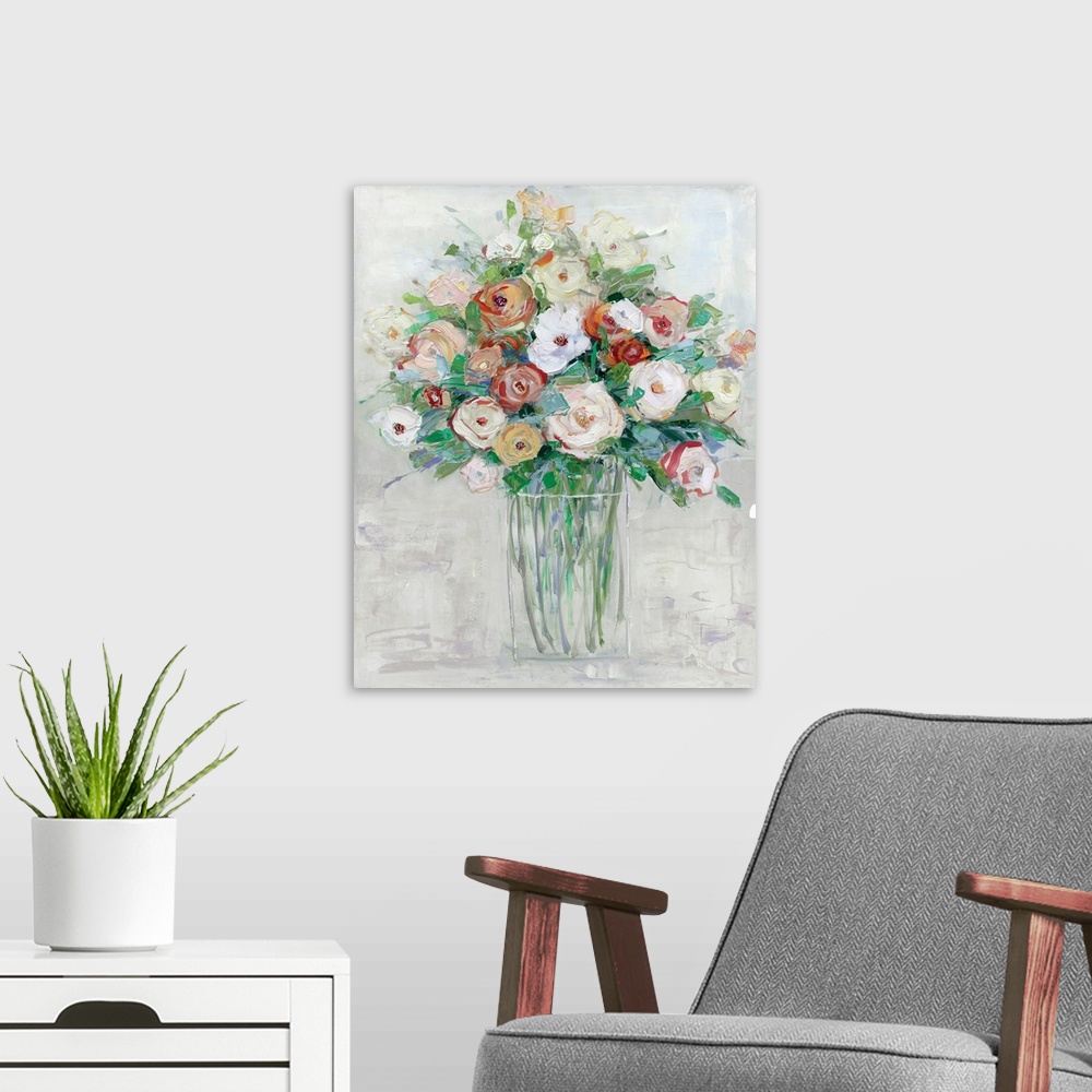 A modern room featuring Contemporary painting of a large floral arrangement in a glass vase on a gray textured background.