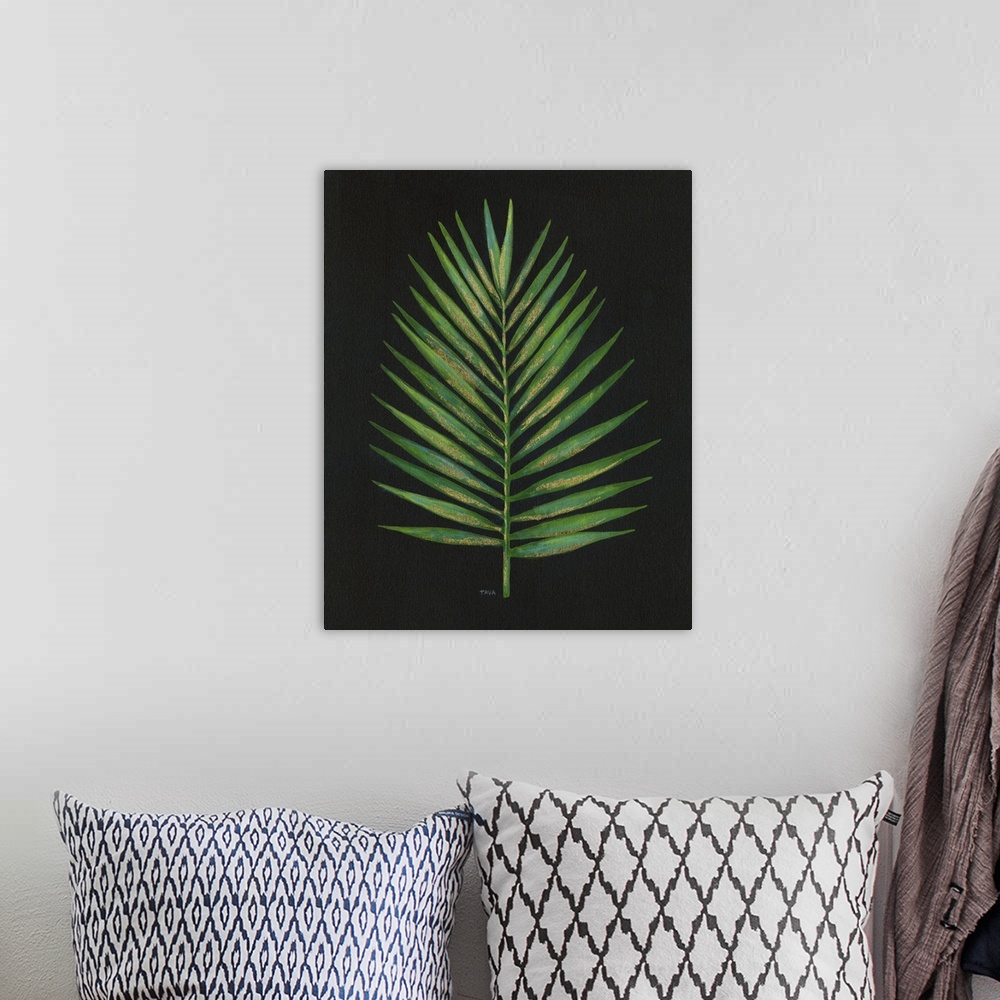 A bohemian room featuring Contemporary painting of a palm frond made with green and blue tones with metallic gold highlight...