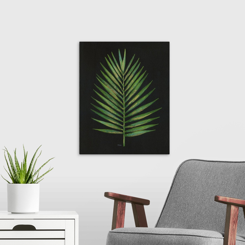 A modern room featuring Contemporary painting of a palm frond made with green and blue tones with metallic gold highlight...