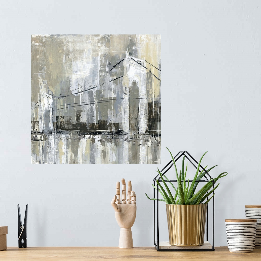 A bohemian room featuring Square abstract painting of a cityscape with a bridge in the foreground.