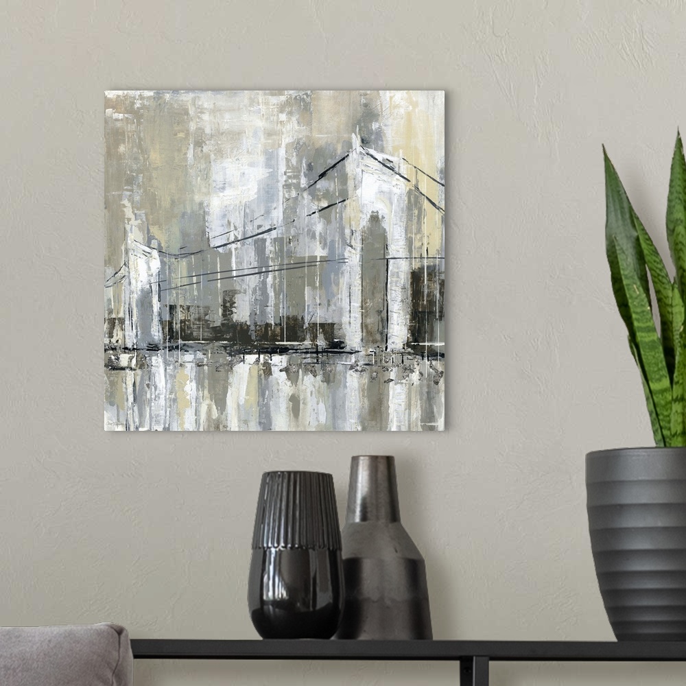A modern room featuring Square abstract painting of a cityscape with a bridge in the foreground.