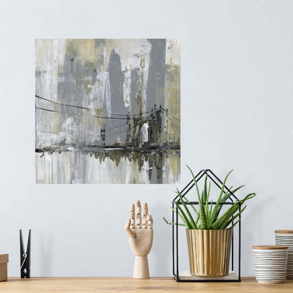 A bohemian room featuring Square abstract painting of a cityscape with a bridge in the foreground.