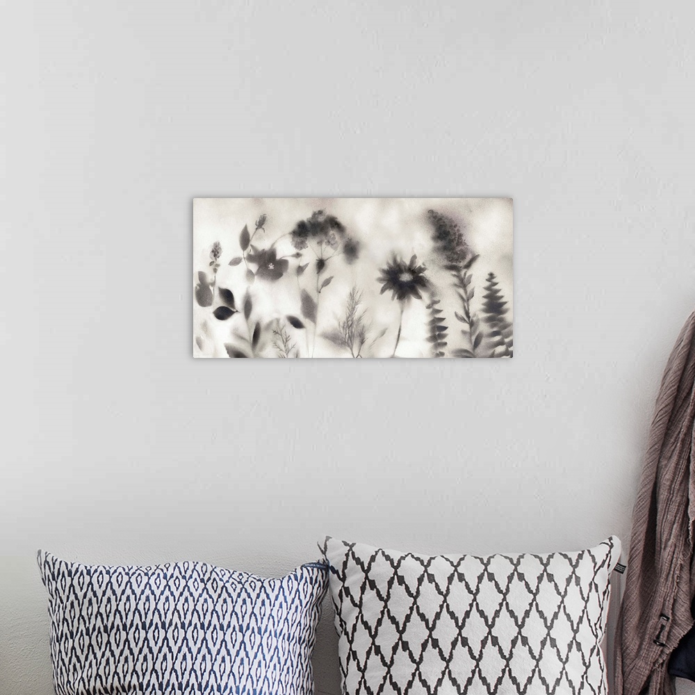 A bohemian room featuring Contemporary painting of obscured black and gray wildflowers on a light background during a misty...