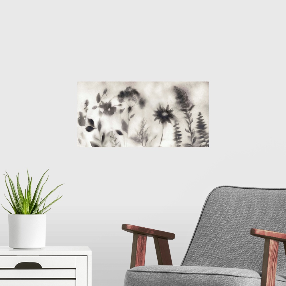 A modern room featuring Contemporary painting of obscured black and gray wildflowers on a light background during a misty...