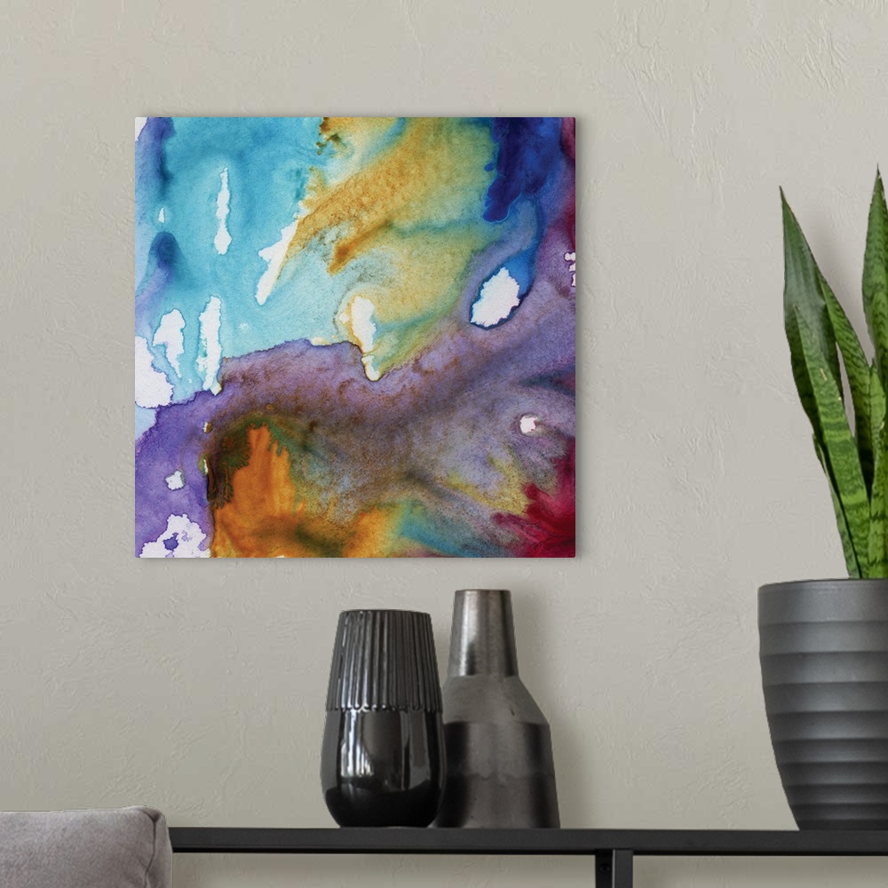 A modern room featuring Abstract watercolor painting of blending shades of blue and purple.