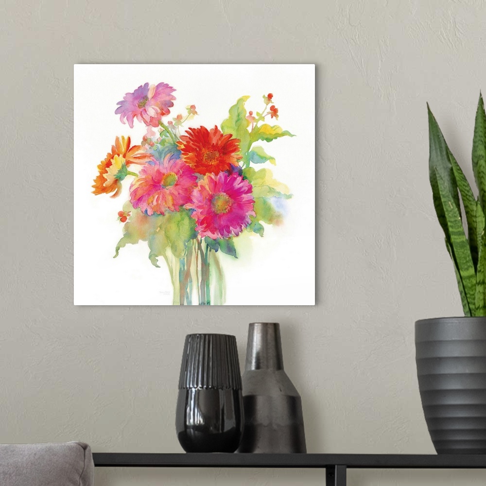 A modern room featuring Watercolor painting of a springtime bouquet.