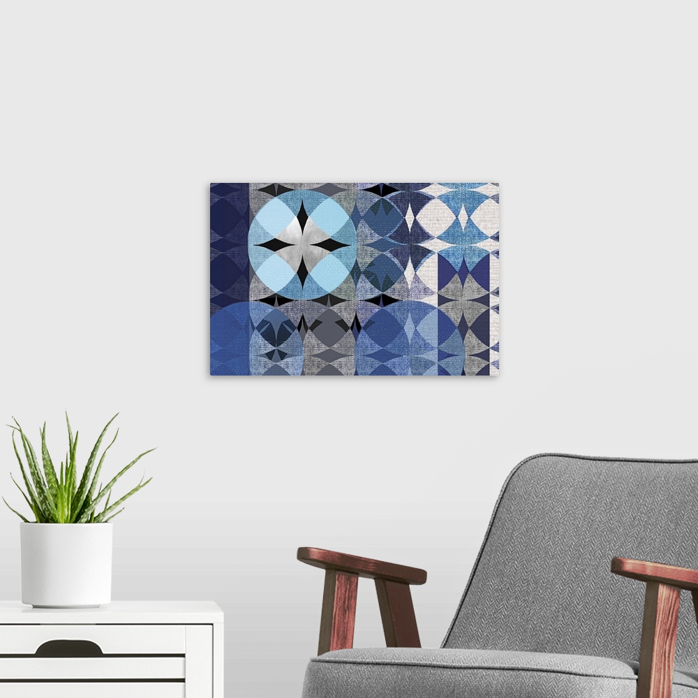 A modern room featuring Abstract art with overlapping and repeating shapes and designs in shades of blue and grey resembl...