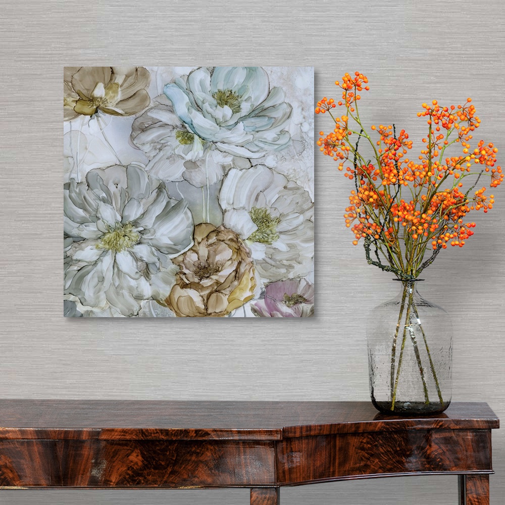 A traditional room featuring Square decorative image of a group of flowers in muted tones.