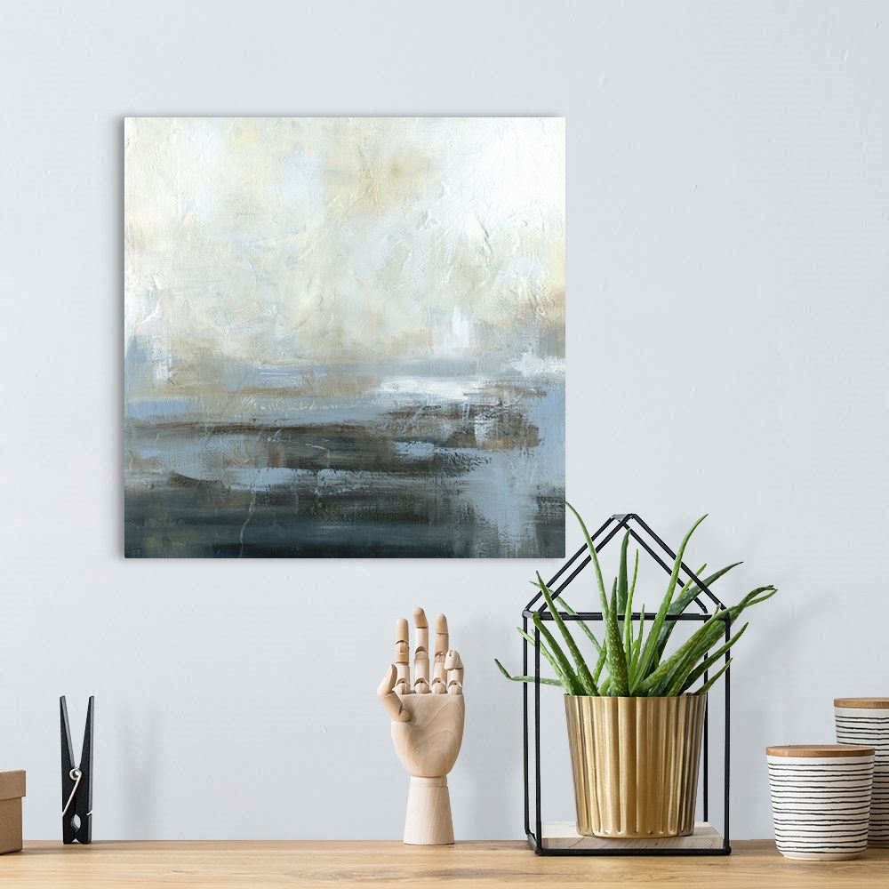 A bohemian room featuring Square abstract painting of a seascape.