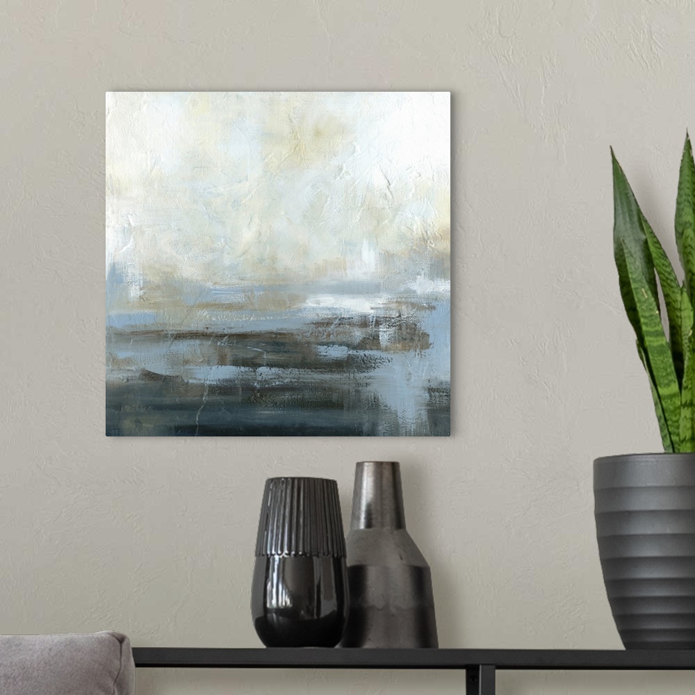 A modern room featuring Square abstract painting of a seascape.