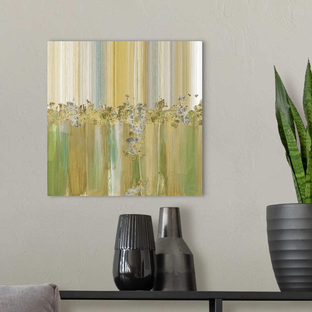 A modern room featuring Contemporary painting of vertical bands of gold and grey, with speckled patterns in the center.