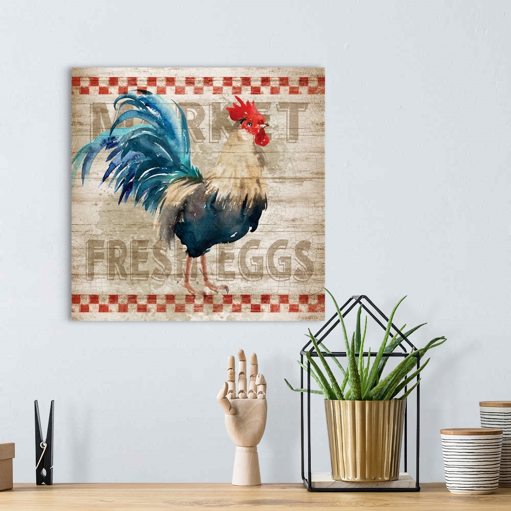 A bohemian room featuring Square kitchen art with a watercolor rooster painted on a sign that reads "Market Fresh Eggs" in ...