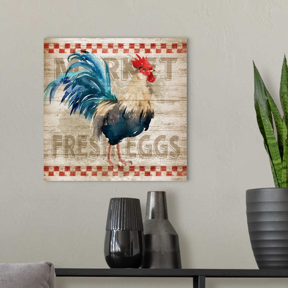 A modern room featuring Square kitchen art with a watercolor rooster painted on a sign that reads "Market Fresh Eggs" in ...