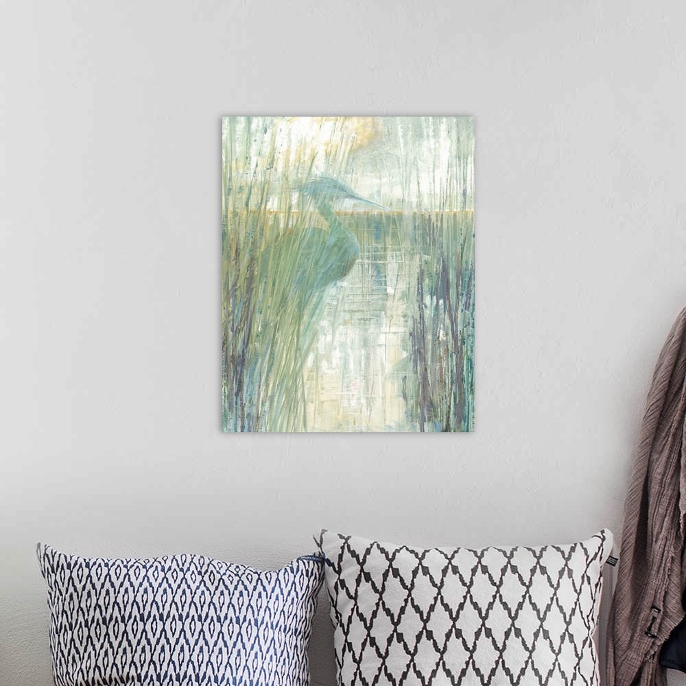A bohemian room featuring Contemporary painting of an egret on the marsh behind tall beach grass in pale green, blue, purpl...